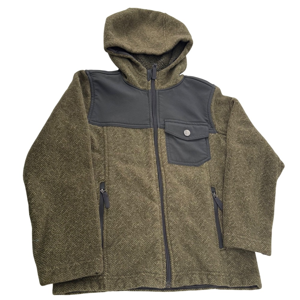 REI Boys XS 6/7 Full Zip Fleece Hooded Jacket Olive Green Herringbone Sherpa